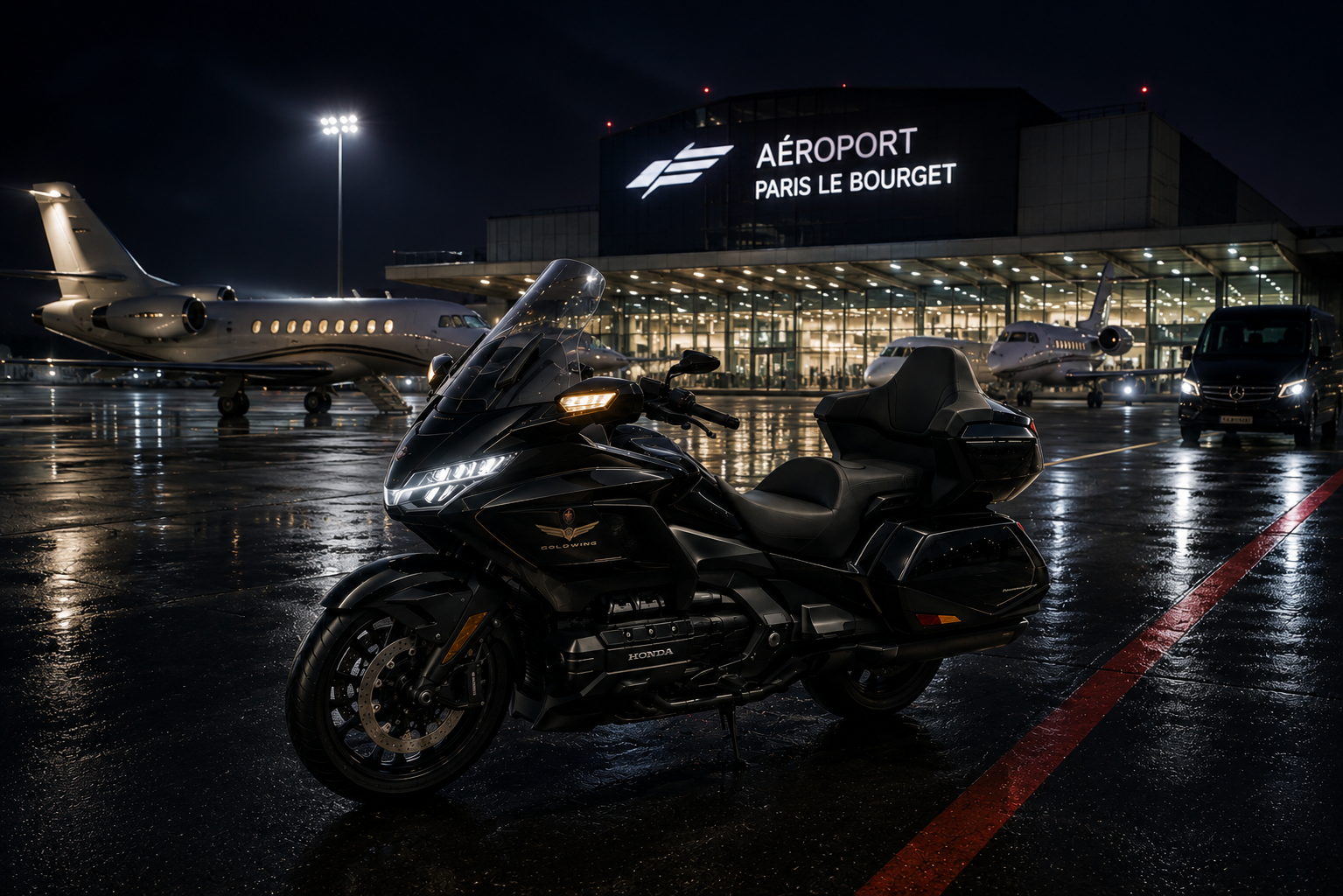Moto-taxi CHASSE devant les jets privés de l'aéroport Paris – Le Bourget, transfert aviation d'affaires