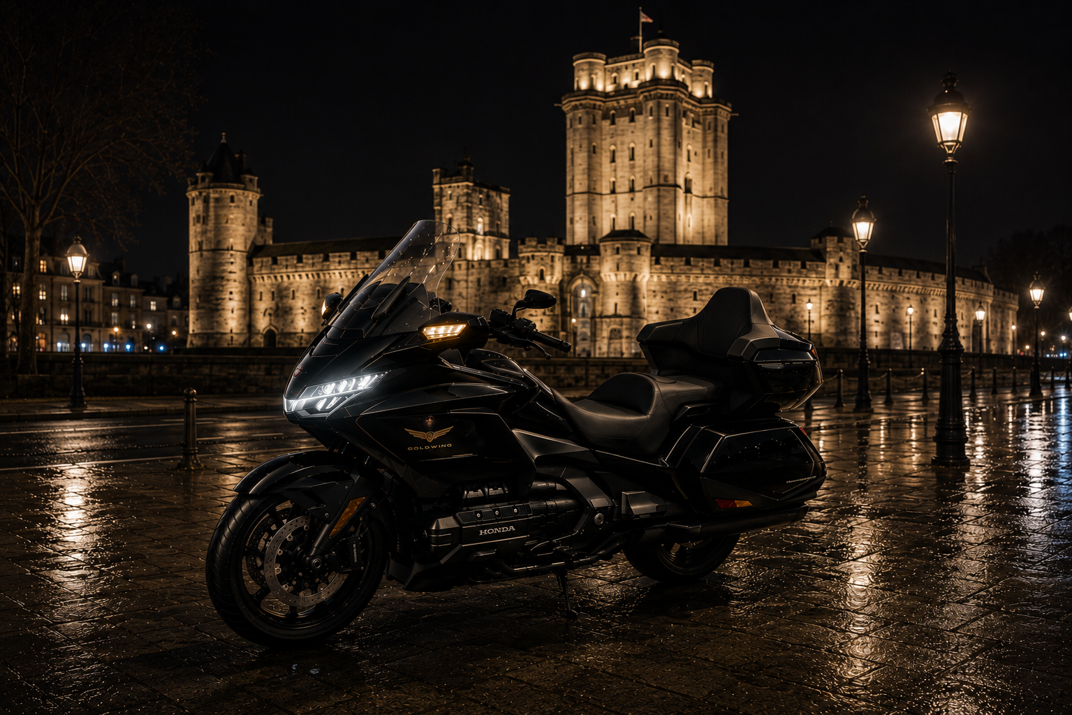 Moto-taxi CHASSE de nuit devant le château de Vincennes illuminé, Paris